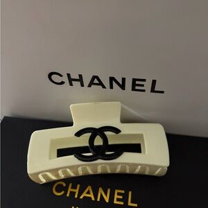 CHANEL Ivory Hair Clip with Black Logo